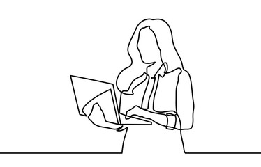 Woman Working Continuous One Line Drawing. Businesswoman and Laptop Outline Drawing. Female Line Abstract Portrait. Minimalist Contour Drawing. Vector. Business concept.