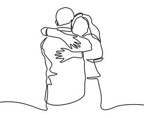 Continuous line drawing relationship vector. One hand drawn of young man and woman in love. Guy and girl want to kiss each other. People embrace and share happiness. Simplicity lineart design.