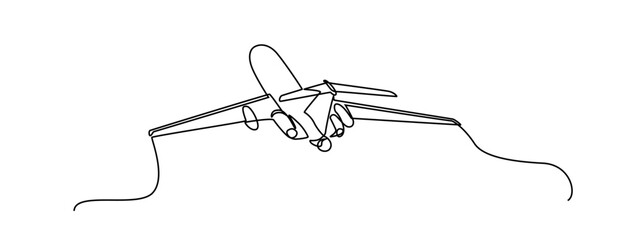 Obraz premium Airplane continuous line sketch. Continuous one line drawing of airplane jet transportation theme. Concept of travel vacation design vector illustration minimalism style. passenger airplane.