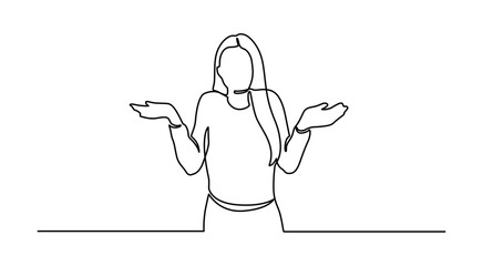Continuous Line Drawing of Young woman spread her hand and shrugging shoulder. I do not know. Oops! Continuous Line Drawing.