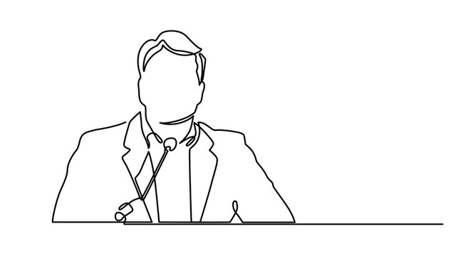 Continuous line drawing, a man give a speech. One continuous single line drawn character politics of business coach speaking. A politician giving a speech conveys his vision and mission.