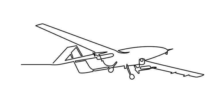 One line drawing Turkish operational tactical medium-altitude unmanned aerial vehicle Bayraktar TB2. One continuous drawn single art line 