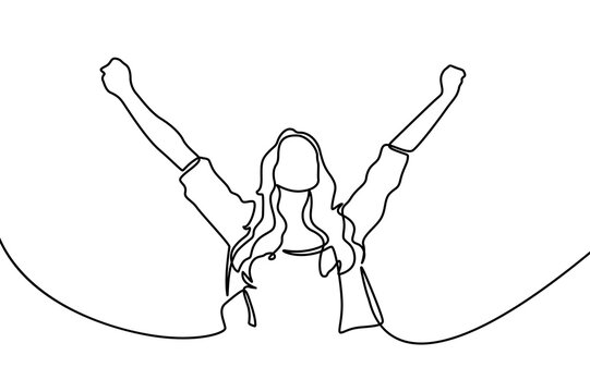 Continuous line drawing of cheering woman. Continuous one line drawing of woman rising hands up feeling happy and freedom. Cute girl feel free and young minimalism design isolated on white background.