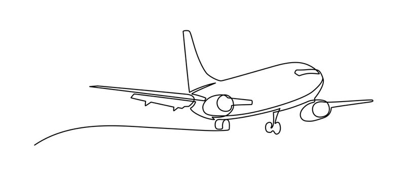 Airplane continuous line sketch. Continuous one line drawing of airplane jet transportation theme. Concept of travel vacation design vector illustration minimalism style.  passenger airplane.