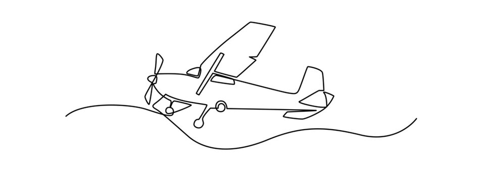 recommend clip art: Continuous line drawing of jet plane . Flight biplane Tandem wing. The symbol of take-off in the sky. Continuous one line drawing vintage airplanes models. Single line draw design vector illustration