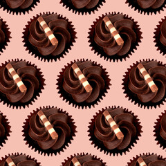 Chocolate cakes muffins on a pink background  View above seamless  View above