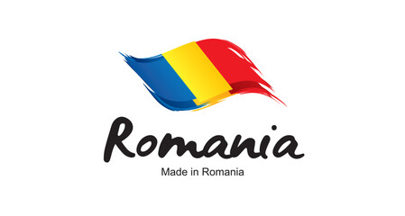Made in Romania new handwritten flag ribbon typography lettering logo label banner - obrazy, fototapety, plakaty