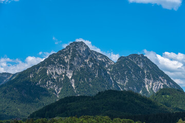 Beautiful view of the peak Sarstein from Altaussee on a sunny summer day with blue sky cloud, Salzkammergut-Ausseerland region, Styria, Austria - 519233048