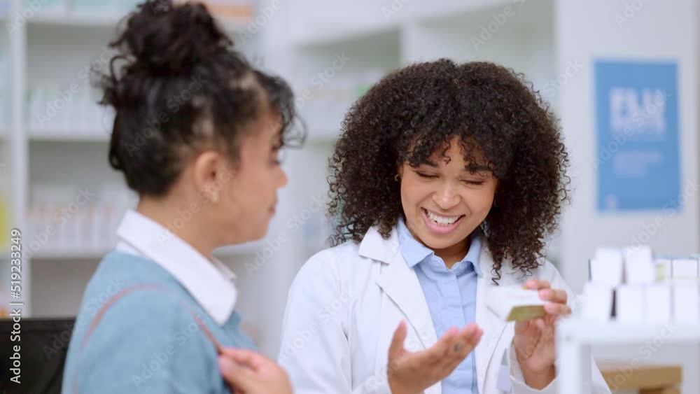 Sticker Happy professional pharmacist woman in pharmacy helping customer. Female expert giving information in detail on clients prescription. Experienced consultant giving clear instructions on medication.