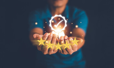 Customer Experience Concept, Hands shows the sign of the top service Quality assurance 5 star, ISO...