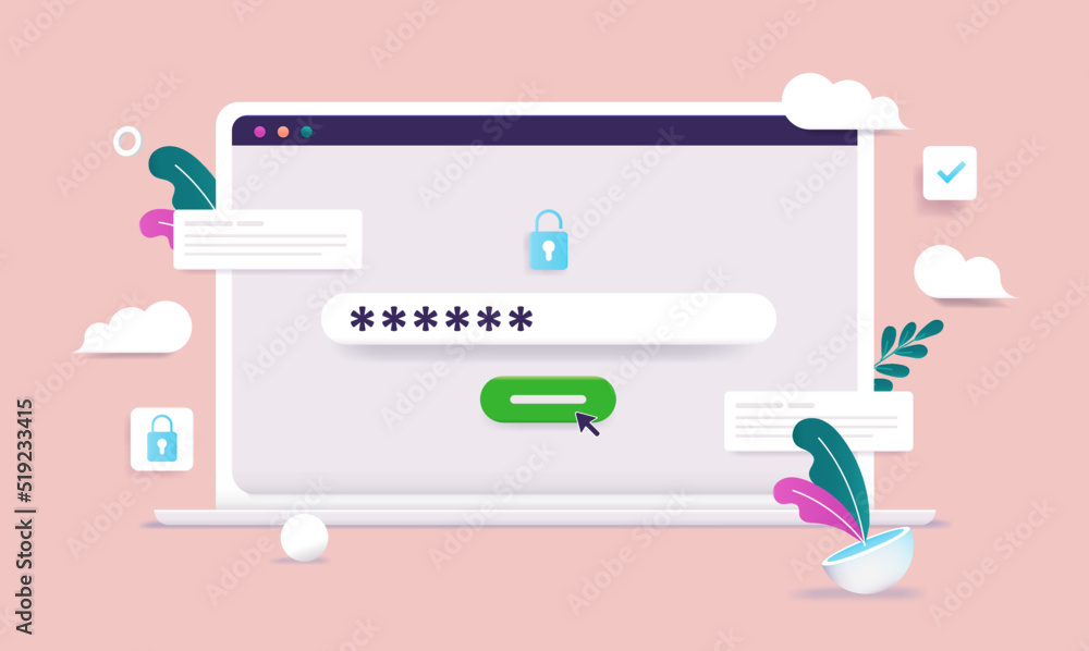 Poster Login with password - Laptop computer screen with password security. Semi flat vector illustration