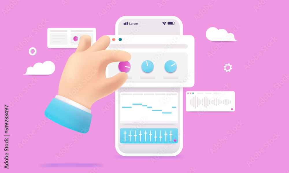 Poster music app on phone - smartphone with application for creating audio and music, vector illustration