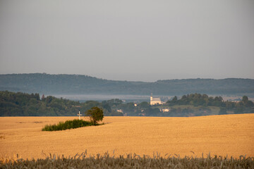 Countryside landscape with distant cross and church, mist or fog visible