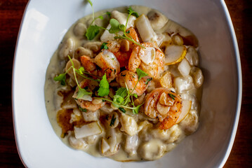 gnocchi with shrimp and pear