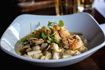 gnocchi with shrimp and pear