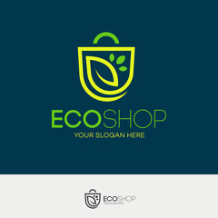 Vector eco shop logo consisting of shopping bag and leaf bold line style isolated on background for farm fresh shop, vegan food store, natural product market, organic product. 10 eps