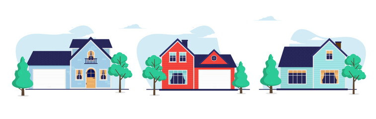 Vector houses flat design - Set of 3 small cozy homes in front view on white background