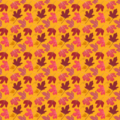 Red, purple, orange autumn leaves of ash and golden currant on an orange background. Seamless natural print for fabric, wallpaper in vector.