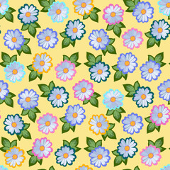 Chamomile flowers with leaves in a multi-colored stroke on a light yellow background in the vector. Seamless motley floral ornament for fabric.