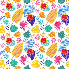 Beautiful repeating ornament with tropical leaves and hibiscus flowers on a white background in vector. Seamless exotic summer natural ornament.