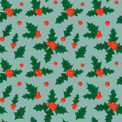 Retro Christmas seamless background with holly leaves and berries. Holly seamless pattern