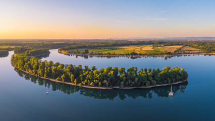 Panoramic landscape with the river Rhine at Otterstadt in Germany.