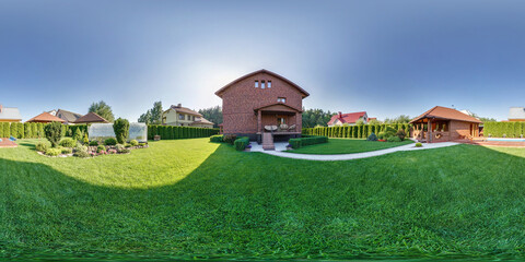 full seamless hdri 360 panorama outside vacation two-story concrete or brick country house with swimming pool and greenhouse in equirectangular spherical projection