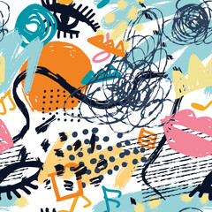 Grunge abstract pattern with scrawls, paint strokes and drawn objects. Colorful grunge shapes background. Contemporary seamless pattern.