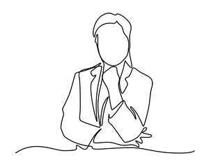 Business woman standing line art. Office worker concept. One line vector illustration. One single line drawing of young female business woman