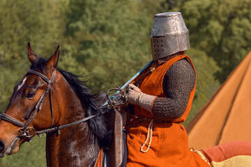 Knight in armor on a brown horse. A hero in chain mail with a spear stands guard. Warhorse with a...