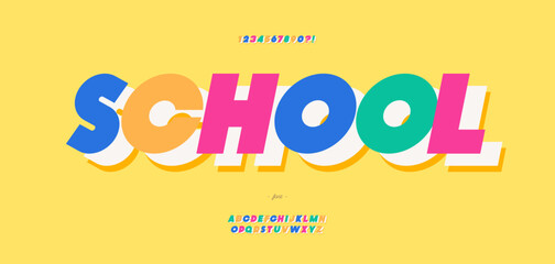 Vector school font 3d bold color style modern typography for poster, event decoration, motion, video, game, t shirt, book, banner. Cool typeface. Trendy alphabet. 10 eps