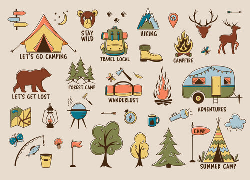 Camping and hiking colored elements. Outdoor adventure emblems. Tourist tent, forest, camp, trees and wild animals. For Camp badges, labels, banners, brochures. Doodle vector illustration