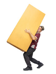 Courier delivering a large package, isolated on a white background.