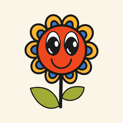 Flower with blue and yellow petals on a light background. A plant with a smiley. Flat design, cartoon hand drawn, vector illustration. Template for printing.