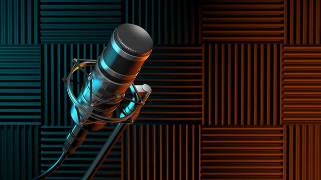 3d animation of microphone with acoustic wall tiles.  Teal and Orange color scheme.