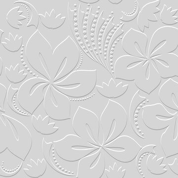 3d embossed flowers seamless pattern. Textured beautiful drawing flowers relief background. Repeat emboss abstract backdrop. 3d surface lines flowers ornaments with dots, circles and embossing effect