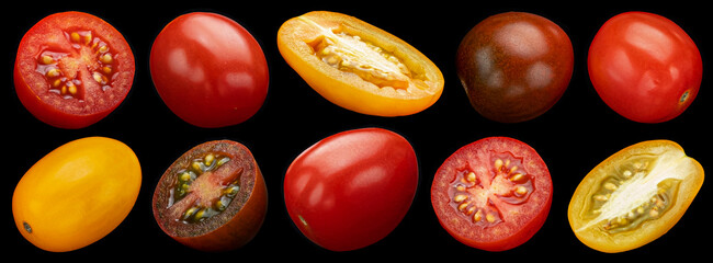 Colorful cherry tomatoes on black background