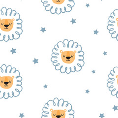 Cute lion seamless pattern. Hand-drawn vector illustration