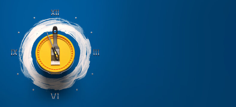 A symbolic clock face laid out from construction tools and a can of finishing paint.
Creative design template for building, engineering, maintenance and repair companies.