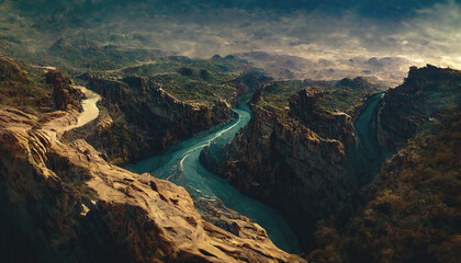 Fototapeta na wymiar Canyon, a deep river valley with very steep, often sheer slopes and a narrow bottom. Fantasy mountain landscape, mountain river, fog, top view. 3D illustration.