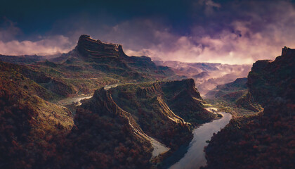Canyon, a deep river valley with very steep, often sheer slopes and a narrow bottom. Fantasy mountain landscape, mountain river, fog, top view. 3D illustration.