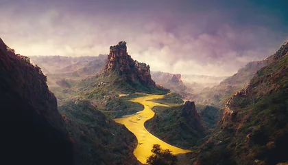 Fotobehang Canyon, a deep river valley with very steep, often sheer slopes and a narrow bottom. Fantasy mountain landscape, mountain river, fog, top view. 3D illustration. © MiaStendal