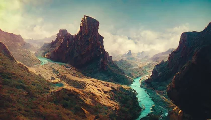 Fotobehang Canyon, a deep river valley with very steep, often sheer slopes and a narrow bottom. Fantasy mountain landscape, mountain river, fog, top view. 3D illustration. © MiaStendal