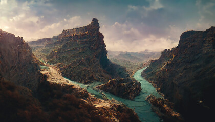 Canyon, a deep river valley with very steep, often sheer slopes and a narrow bottom. Fantasy mountain landscape, mountain river, fog, top view. 3D illustration.