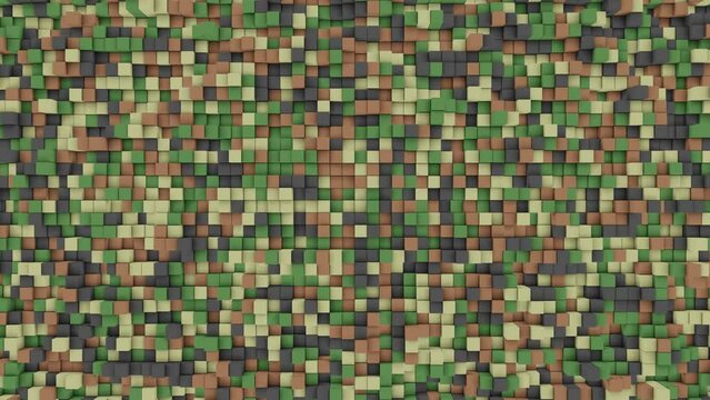 Abstract looping 3D animation of the moving classic khaki camouflage colors cubic pattern rendered in UHD as motion background