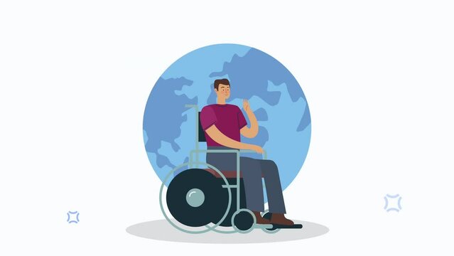 disabled man in wheelchair and earth planet
