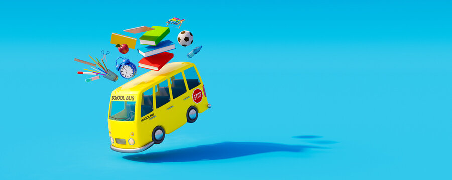 Jumping School bus with school supplies. Back to school concept on blue background. 3D Render 3D Illustration