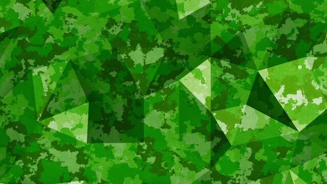 Realistic looping 3D animation of the trendy green camouflage pattern moving polygonal surface rendered in UHD as motion background 