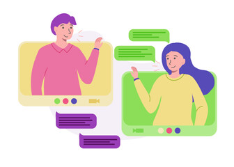 Connection people video network from home. People using virtual communication. Video call conference, working from home, social distancing, business discussion. Concept illustration. 10 eps