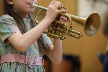 A little girl with long hair plays a musical instrument a trumpeter holds a trumpet in his hand...